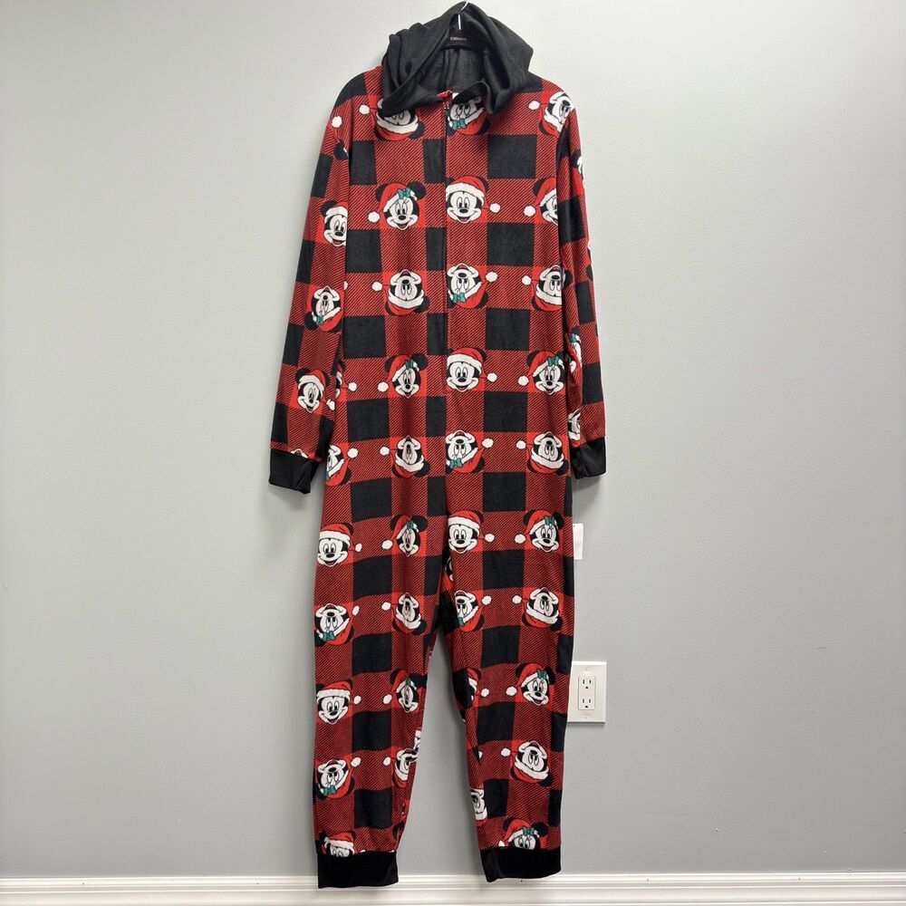 Disney Mickey Mouse Buffalo Plaid One Piece Pajamas L NWT